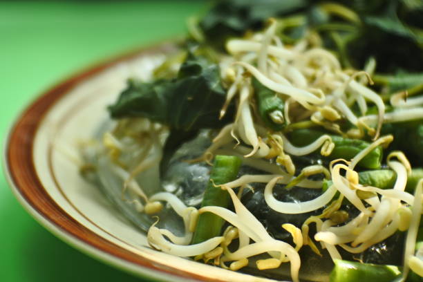 close up photo of sweet potato leaves, long beans and boiled bean sprouts for making pecel rice, a typical food from East Java, Indonesia