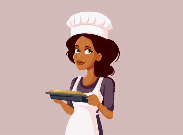 ilustrações, clipart, desenhos animados e ícones de cozinheiro alegre sorridente segurando uma ilustração vetorial de bandeja de torta - women meat working tray