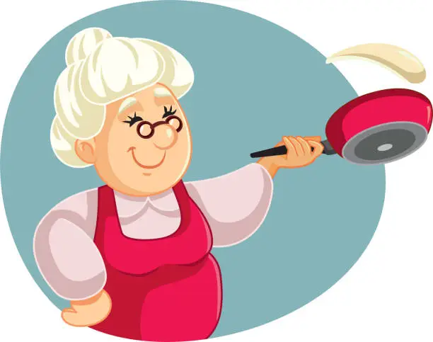 Vector illustration of Smiling Granny Making Pancakes Vector Cartoon Illustration