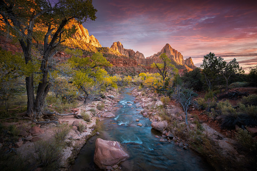 Zion national park with sunset