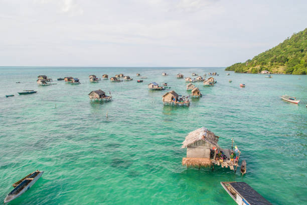 Beautiful aerial view borneo sea gypsy water village Beautiful aerial view borneo sea gypsy water village in Mabul Bodgaya Island, Malaysia. mabul island stock pictures, royalty-free photos & images