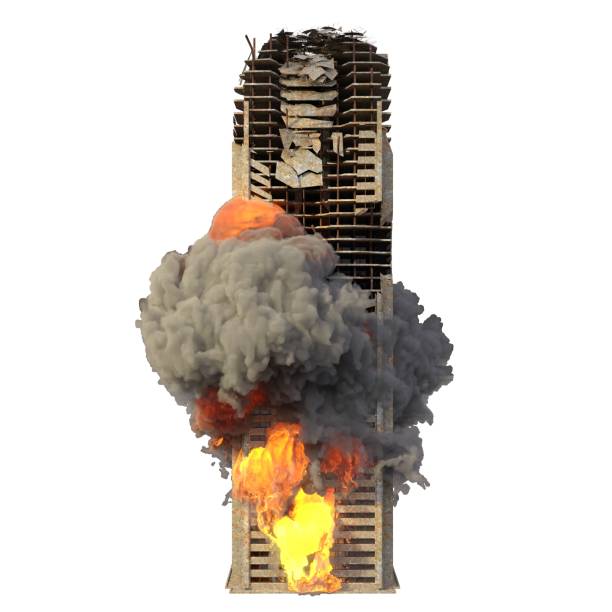 istock Ruined building in flames isolated on white 3d illustration 1358170388