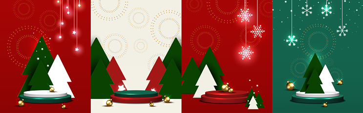 Christmas 3d background set. Pedestal for product display. Stage podium decorated with trees, and element Christmas day. Christmas and New year scene. Vector illustration.