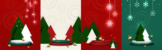 Vector illustration of Christmas 3d background set. Pedestal for product display. Stage podium decorated with trees, and element Christmas day. Christmas and New year scene. Vector illustration.