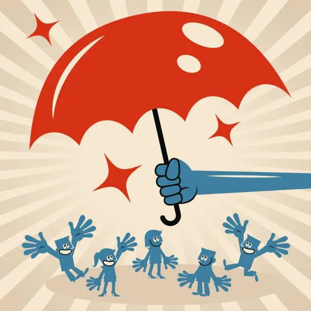 Vector illustration of Big hand holds up an umbrella to protect a group of people