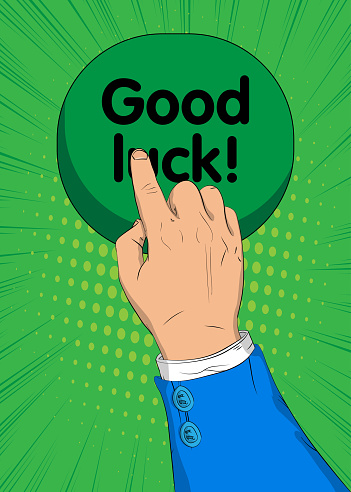 Businessman pushing Good luck. Wishing success button with his index finger. Comic book style concept.