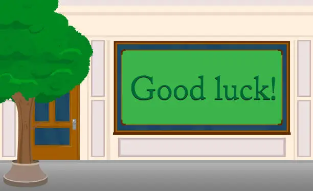 Vector illustration of Good luck. Wishing success text with front door background.