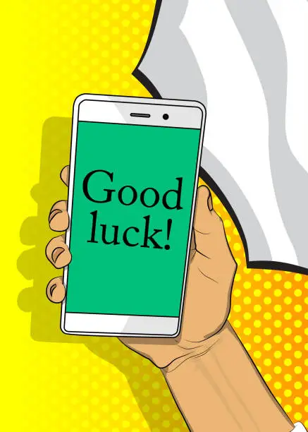 Vector illustration of Good luck. Wishing success text on Smartphone screen.