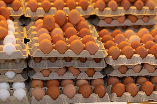 Fresh organic chicken eggs on a market shelf