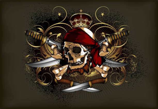 Decorative art background with skull. High detailed realistic illustration. A skull in a red armband with sabers against the backdrop of decorative elements. Highly detailed realistic illustration. Can be used as an image on T-shirts. pirate criminal stock illustrations