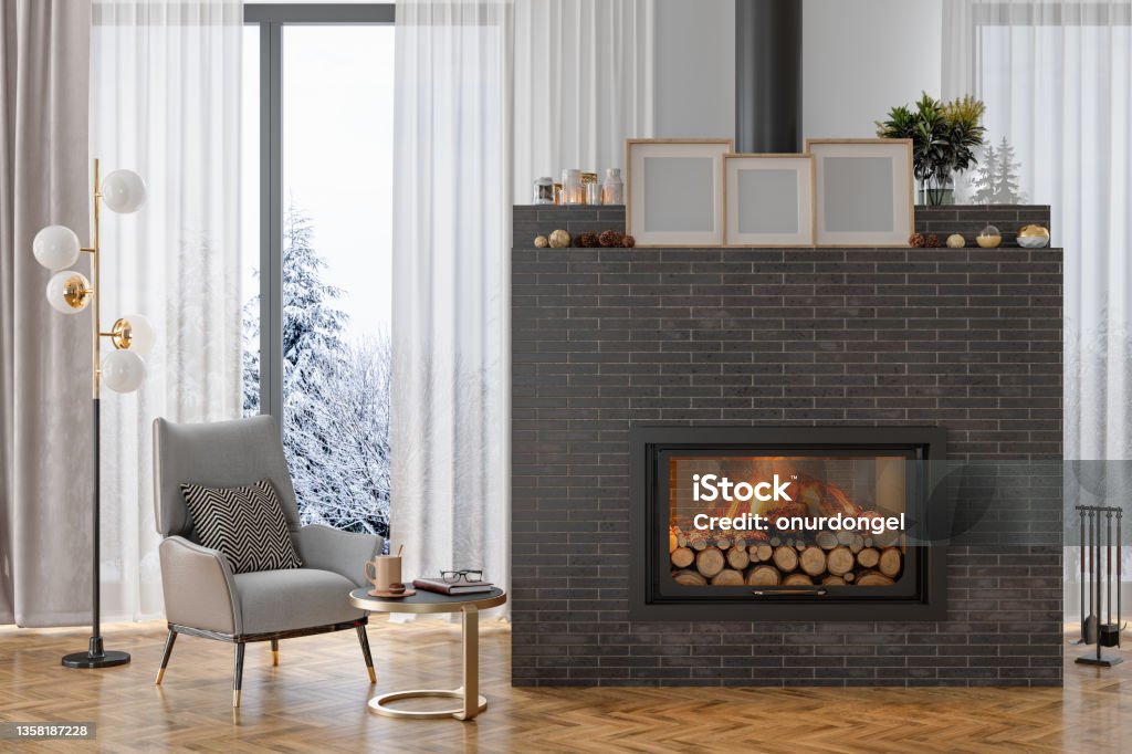Luxury Living Room Interior With Armchair, Burning Fireplace And Snow View From The Window Fireplace Stock Photo