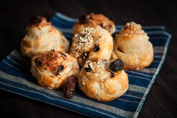 istock puff buns with raisins on a blue background 1358188082