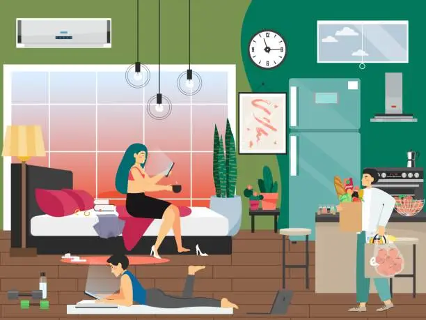 Vector illustration of Young people using mobile phones at home. Smartphone, internet, social media addiction, vector illustration.