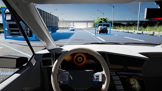 3D illustration of traffic with self driving car\n\nThis image doesn`t contain any visible trademarked products, corporate identity, logos, or copyrighted elements.\nI am author of design of those cars.\nI am author of 3d model of those cars.