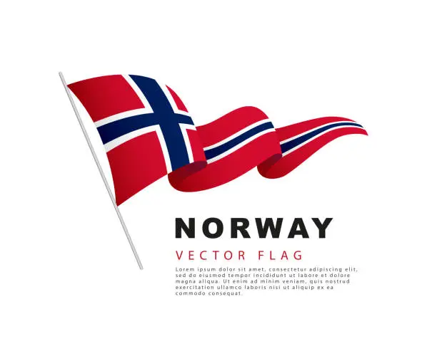 Vector illustration of The flag of Norway hangs from a flagpole and flutters in the wind. Vector illustration isolated on white background.