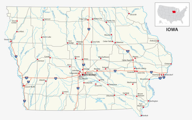 ilustrações, clipart, desenhos animados e ícones de roteiro do estado americano dos eua de iowa - iowa map