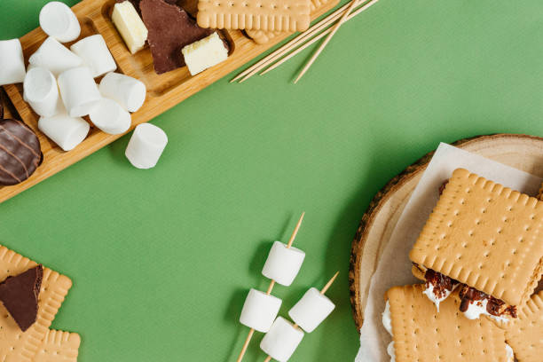 S'mores roasting marshmallows with chocolate between cookies S'mores roasting marshmallows with chocolate between cookies on green background with blank space for text. Top view, flat lay. smore photos stock pictures, royalty-free photos & images