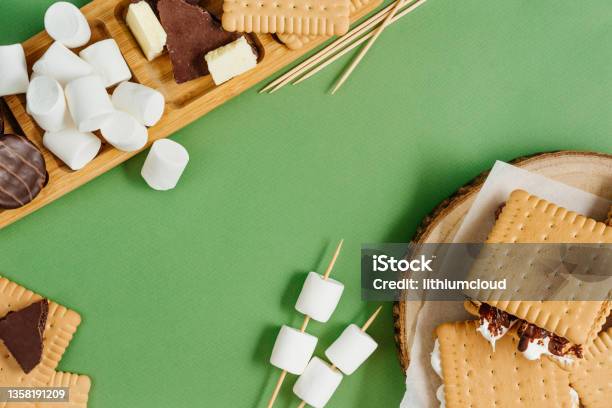 Smores Roasting Marshmallows With Chocolate Between Cookies Stock Photo - Download Image Now