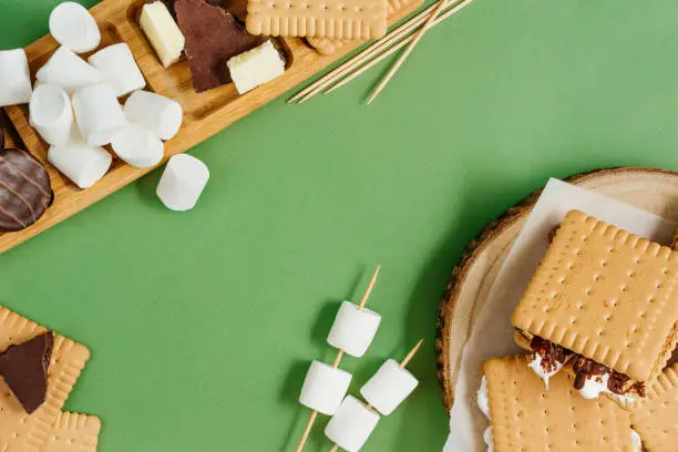 S'mores roasting marshmallows with chocolate between cookies on green background with blank space for text. Top view, flat lay.