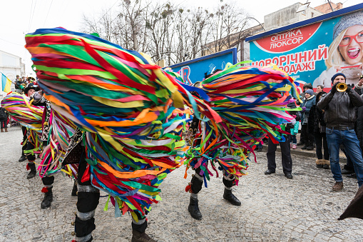 Krasnoilsk, Ukraine - January 14, 2020: Ancient pagan ritual of Malanka Malanca , performed olny by unmarried men. Wild Ukrainian carnival.