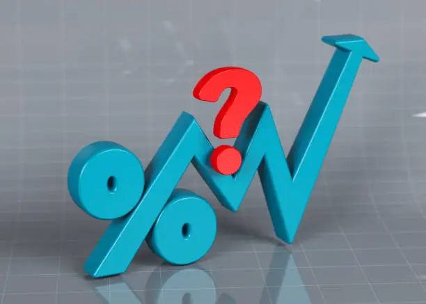 Photo of Grayish blue-colored arrow-shaped percentage symbol and red-colored question mark.