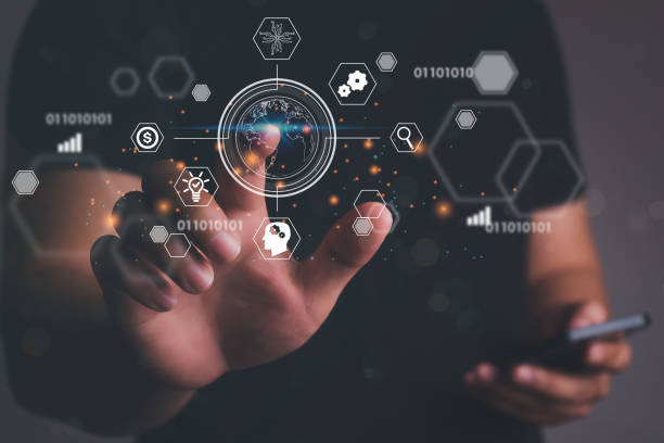 istock Man hand touching virtual screen to demonstrate network connectivity, innovation, online communication, metaverse world, concept of futuristic meta technology. 1358197915