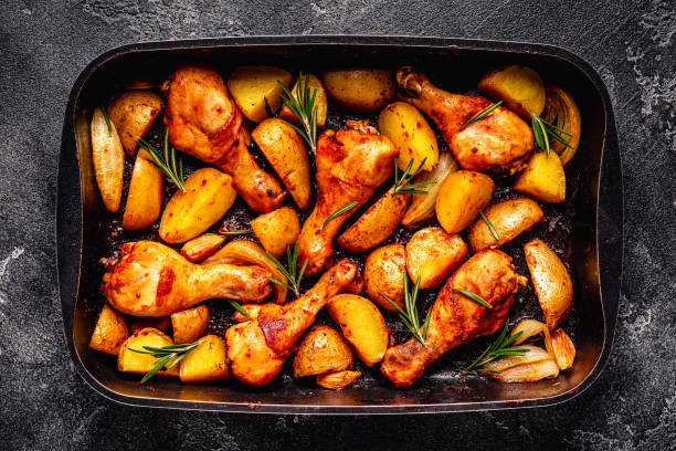 istock Roasted chicken legs with potatoes and rosemary. 1358198827