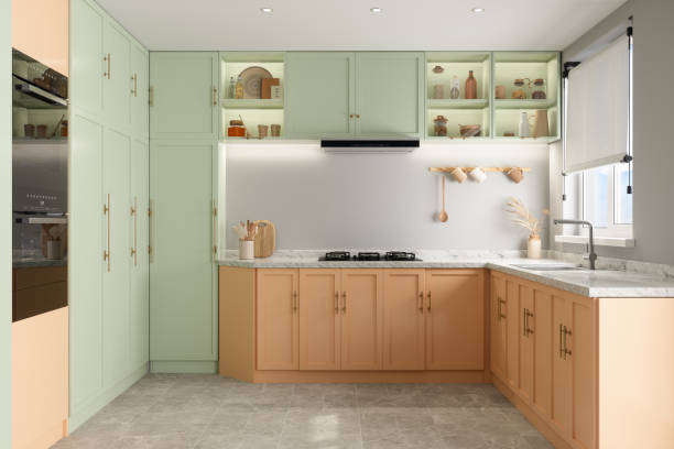intérieur de cuisine moderne avec armoires de couleur pastel - kitchen photos et images de collection