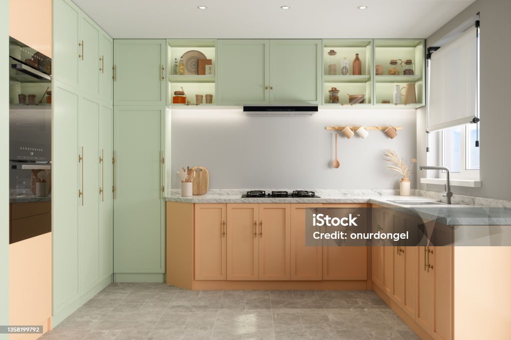 Modern Kitchen Interior With Pastel Colored Cabinets Kitchen Stock Photo