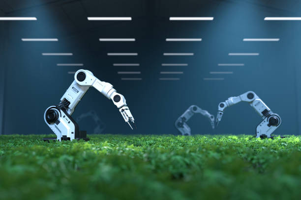 Smart robotic farmers concept, robot farmers, Agriculture technology, Farm automation Smart robotic farmers concept, robot farmers, Agriculture technology, Farm automation. 3D illustration automatic welding torch stock pictures, royalty-free photos & images