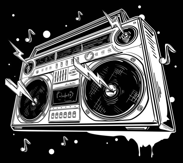 ilustrações, clipart, desenhos animados e ícones de funky preto e branco desenhado à mão boom box grafite - instrumental hip hop