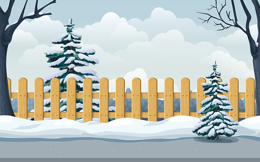 seamless winter landscape with snowy spruce, trees, wooden fence, snowdrifts, road. illustration of village, park, backyard or countryside in winter. cold season horizontal scene for game background