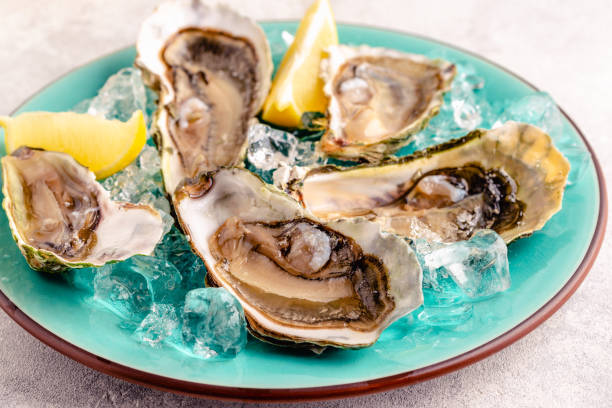 istock Opened fresh oysters on a blue plate, served with lemon and ice. 1358201324