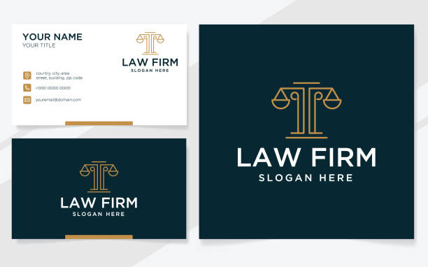 ilustraciones, imágenes clip art, dibujos animados e iconos de stock de logotipo de la firma de abogados con líneas modernas adecuadas para abogados, tribunales u oficinas de abogados con plantilla de tarjeta de visita - lawyer