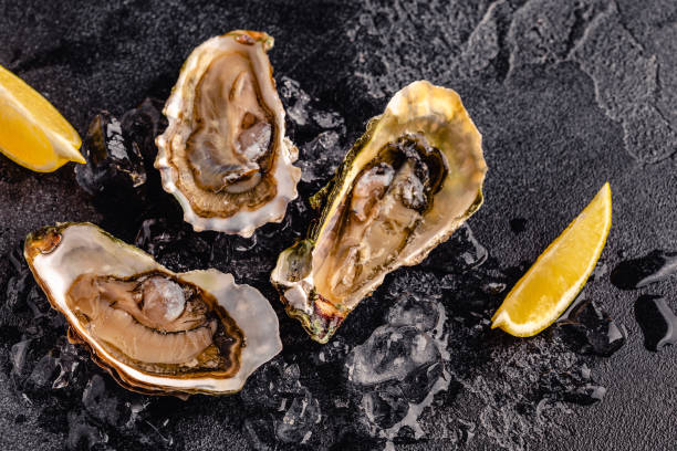 istock Opened fresh oysters on a dark table, served with lemon and ice. 1358202368