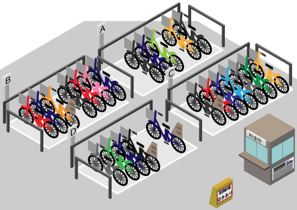 ilustraciones, imágenes clip art, dibujos animados e iconos de stock de estacionamiento isométrico para bicicletas con personal - bicycle rack