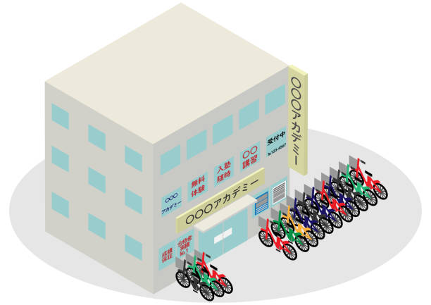 ilustraciones, imágenes clip art, dibujos animados e iconos de stock de edificio escolar isométrico cram - cobertizo para bicicletas