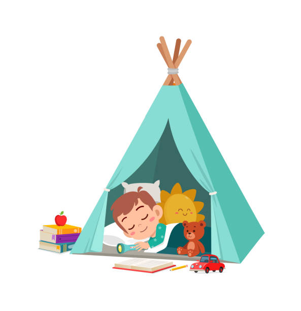 süßer kleiner junge schläft in einem kleinen zelt - tipi bett stock-grafiken, -clipart, -cartoons und -symbole