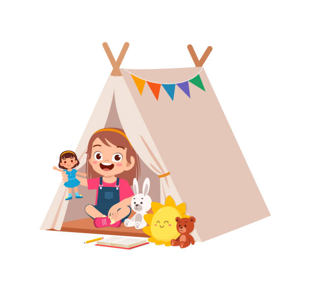 süßes kleines mädchen spielt im kleinen zelt - tipi bett stock-grafiken, -clipart, -cartoons und -symbole