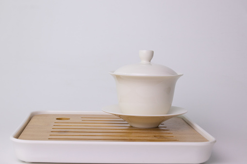 Fine Chinese white tea set on the white tray