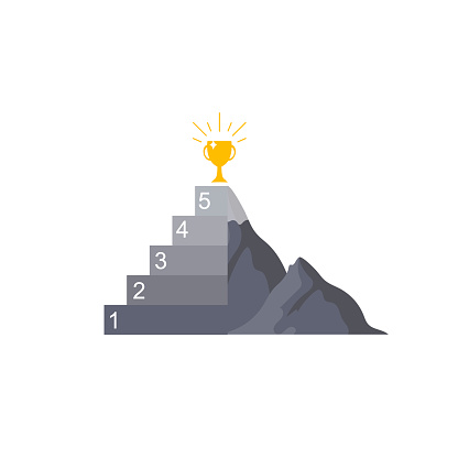 Vector mountain and award on the top of it, acieving concept, small steps, everything is possible, business strategy.