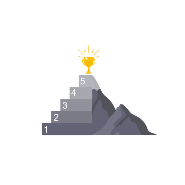 Vector mountain and award on the top of it, acieving concept, small steps, everything is possible. Vector mountain and award on the top of it, acieving concept, small steps, everything is possible, business strategy. work motivational quotes stock illustrations