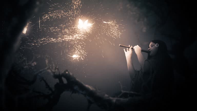 Magic scenes. Girl playing flute and glowing butterflies. Fantasy series.