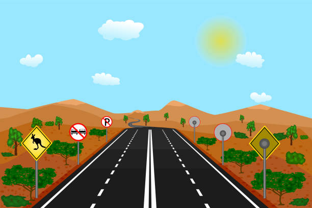 Australian road with warning kangaroos traffic sign, red landscape and blue sky. vector art illustration