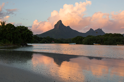 Rempart and Mamelles peaks, from Tamarin Bay where the Indian Ocean meets the river, Tamarin, Black River District, Mauritius