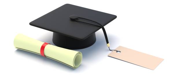 istock College studies cost. Graduate cap with blank tag and diploma isolated on white, 3d illustration 1358219893