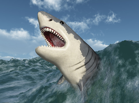 Computer generated 3D illustration with a great white shark jumping out of the stormy sea