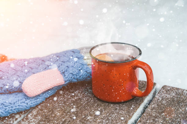 istock Mulled wine or tea on a wooden background during a snowfall in the forest. Winter hot drinks with aromatic spices of cinnamon, cardamom and orange. Warmth, comfort and atmosphere of December nature and Christmas 1358222782