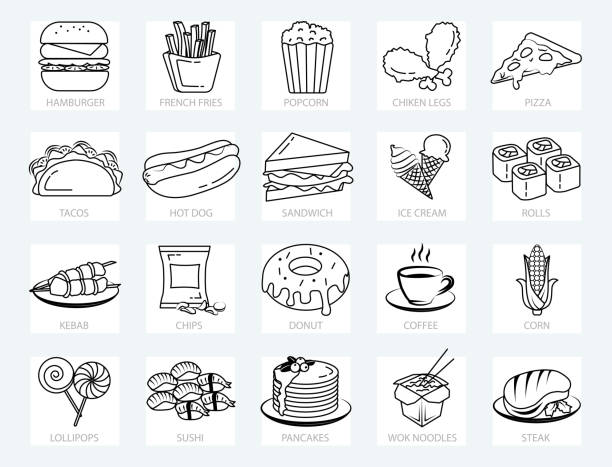 zestaw ikon sieci fast food - cienka linia. proste ikony wektorowe, takie jak burger, pizza, tacos, pączek, sushi i bułki, frytki i tak dalej. - hamburger bun barbecue sign stock illustrations