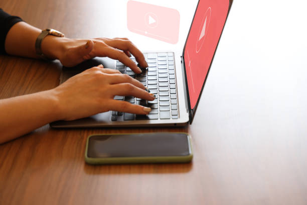 Video Marketing Concept.Hand pressing transparent button